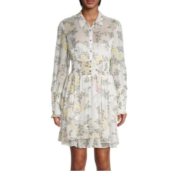 Free People Dresses & Skirts - Free People White Sheer Floral Puff Long Sleeve Collared Button Up Flowy Dress